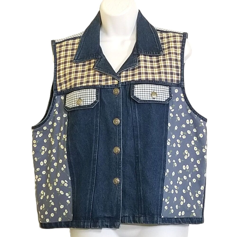 Vintage Women's L Denim Vest Patchwork Daisy Gingham‎ Plaid Flap Pockets Cottage
